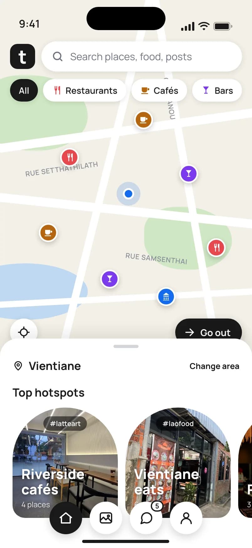 Tripbuddy map home showing restaurants, cafes and bars around Vientiane